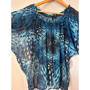 New Directions Sheer Blouse Embellished‎ Top Blue Feather Print Small